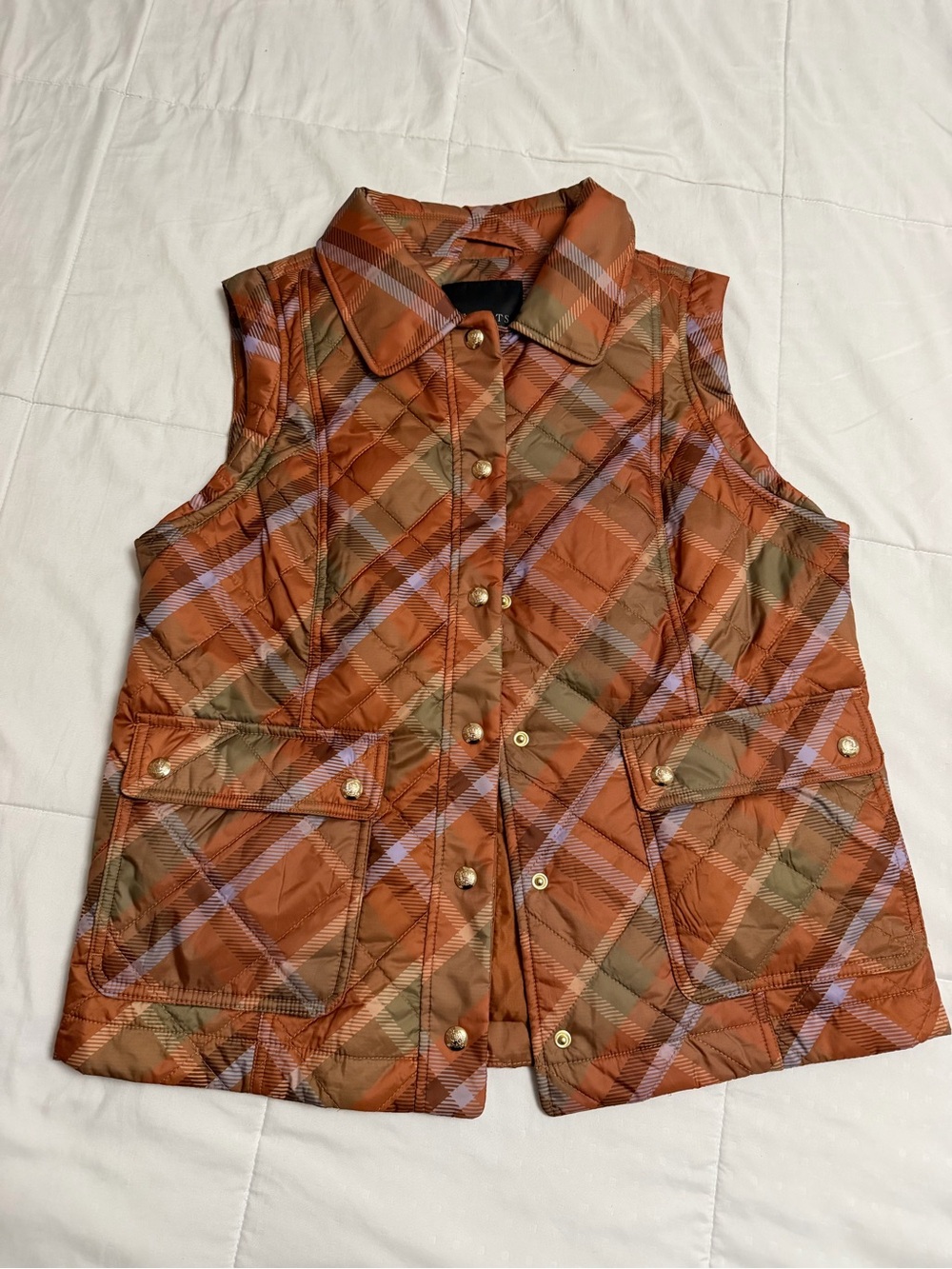 Talbots Quilted Plaid Sleeveless Jacket - Rust Plaid
